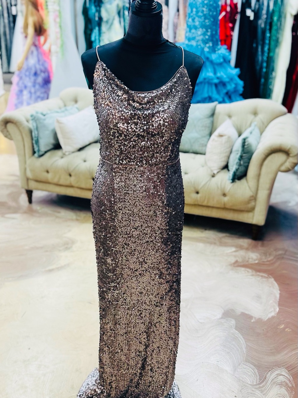 Adrianna Papell Metallic Sequin Slip Gown - Taupe